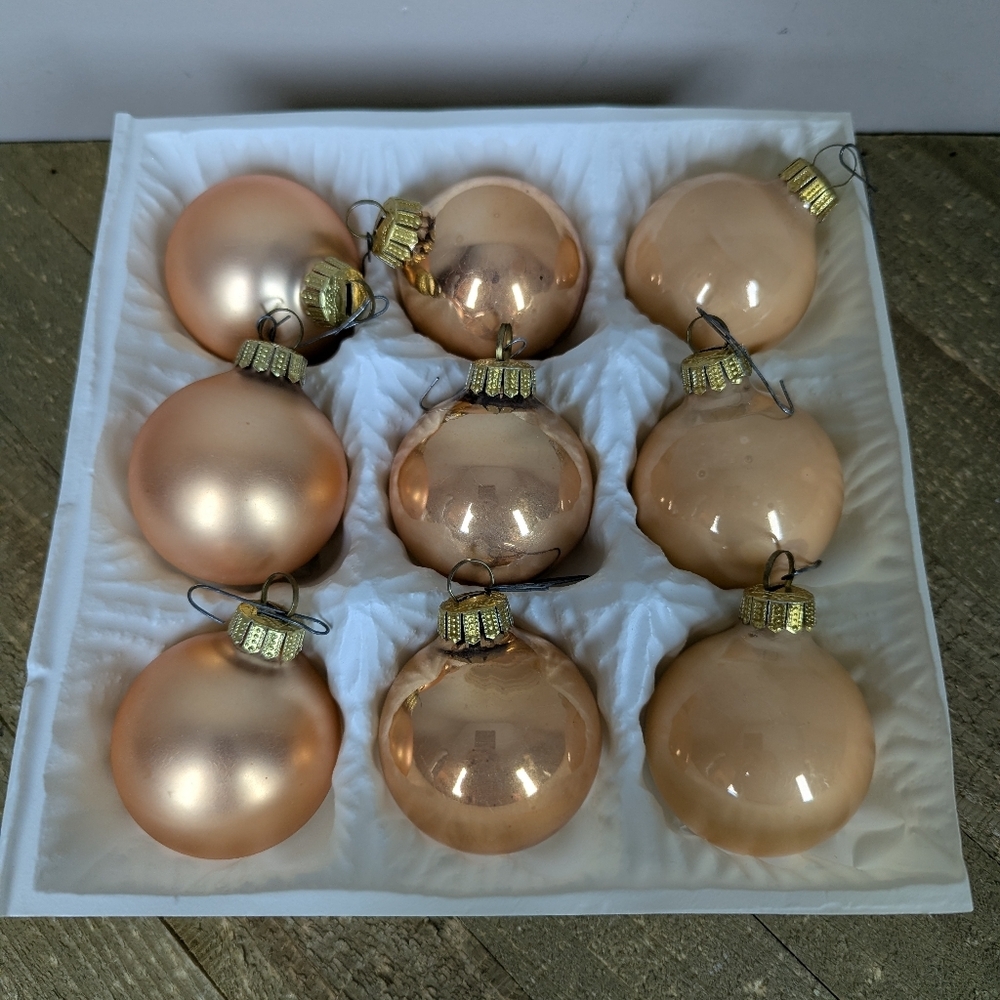 Vintage Peach Gold Glass Ornaments – Mixed Matte/Shiny/Pearl Set of 9
